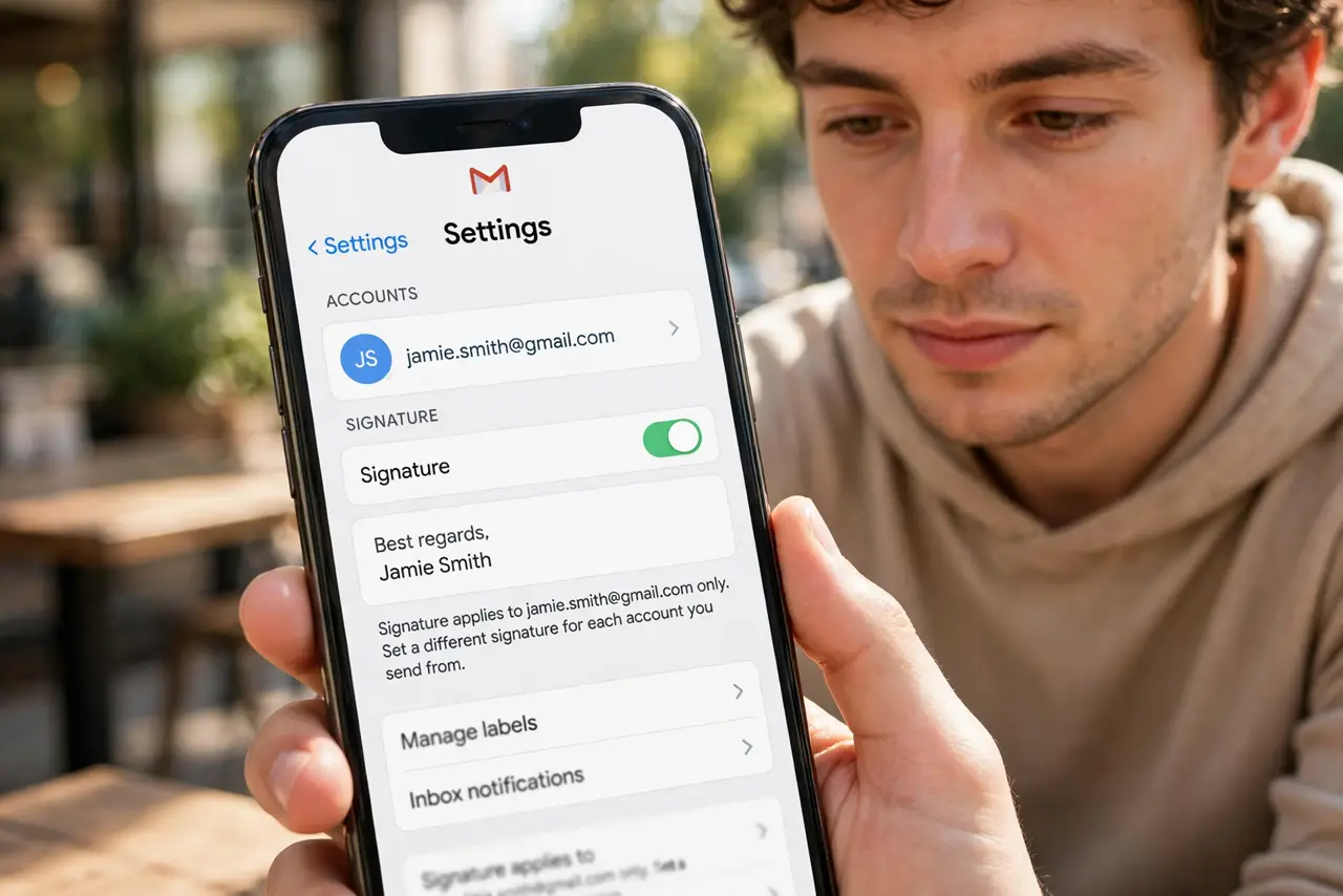A person performing the first step of the guide: Open the Gmail app settings.