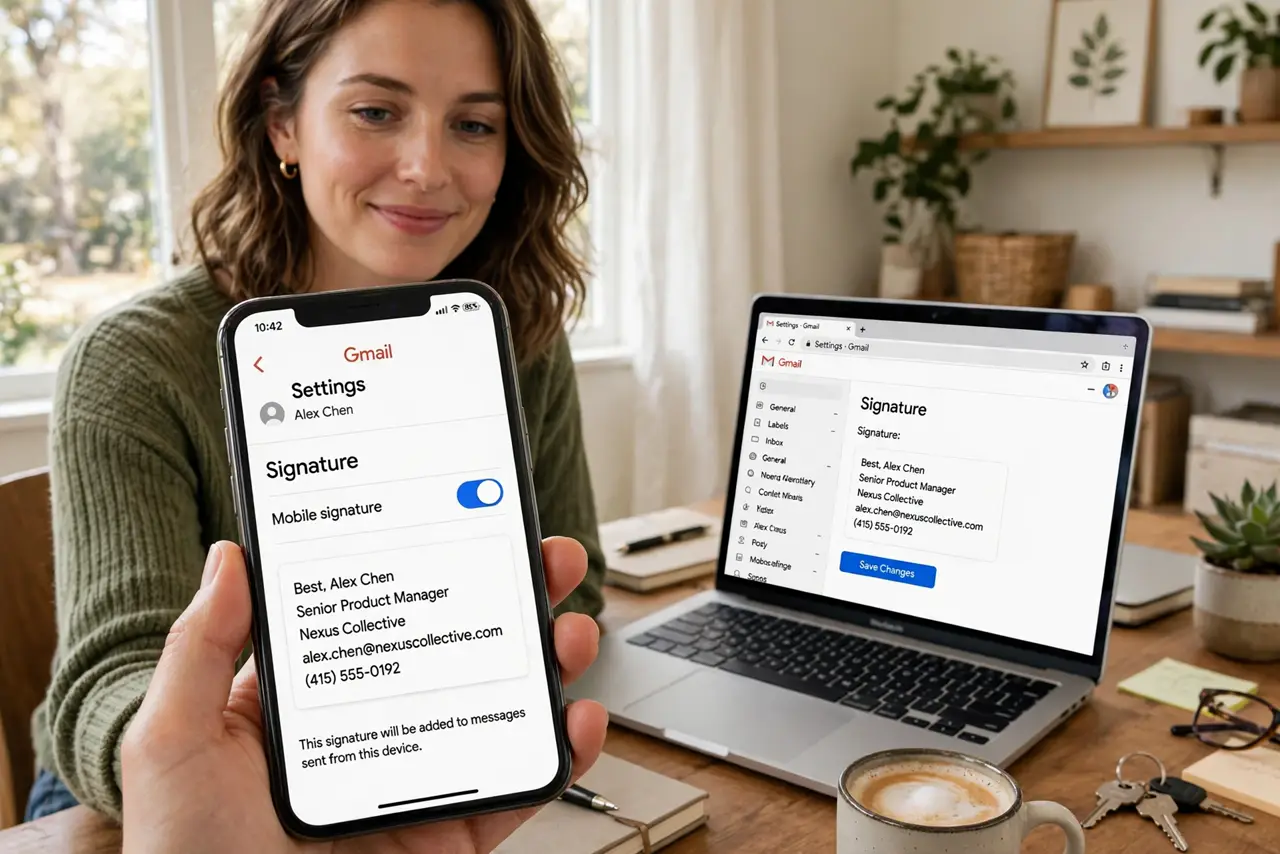 a person holding a real smartphone showing the Gmail app signature settings with legible text, a real laptop beside them showing a matching desktop signature, the person's face satisfied, bright home office.