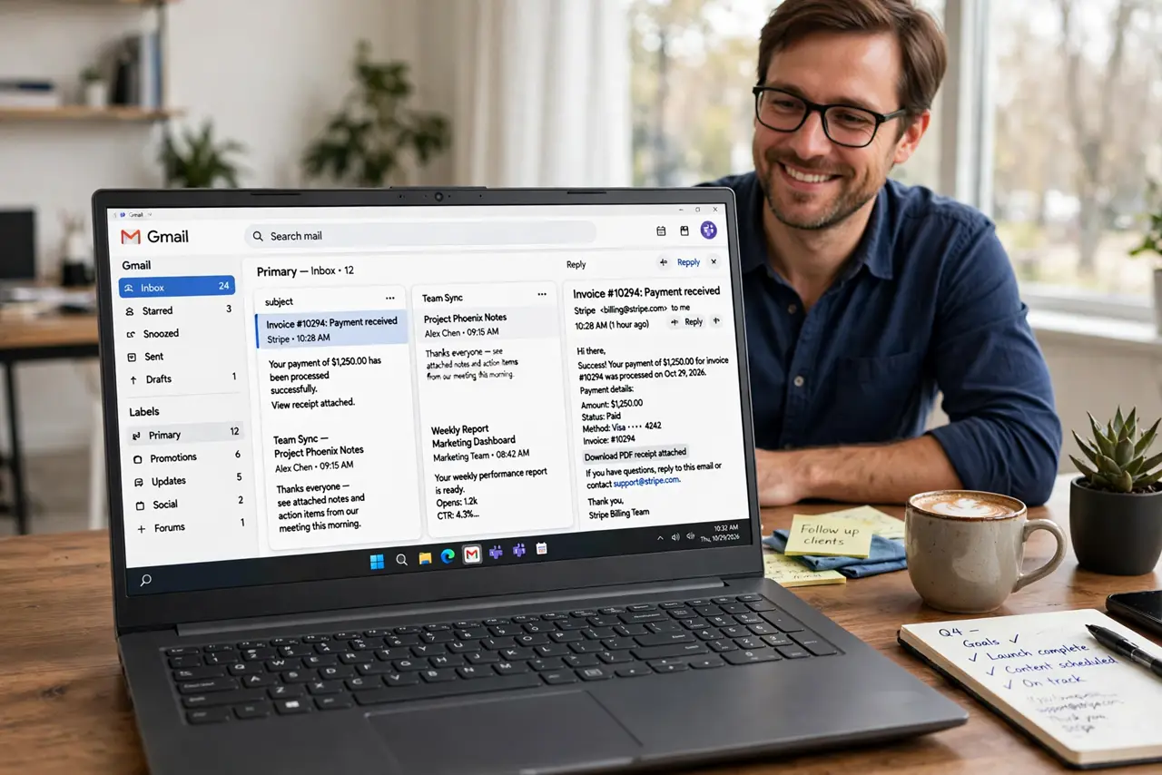 A person at a desk with a real laptop showing Gmail with multiple inbox panes side by side and legible labels, the person's face satisfied.