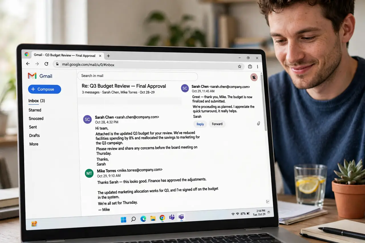 A person looking relieved at a real laptop screen showing a Gmail inbox with a long email thread selected, the person's face relaxed, home office.