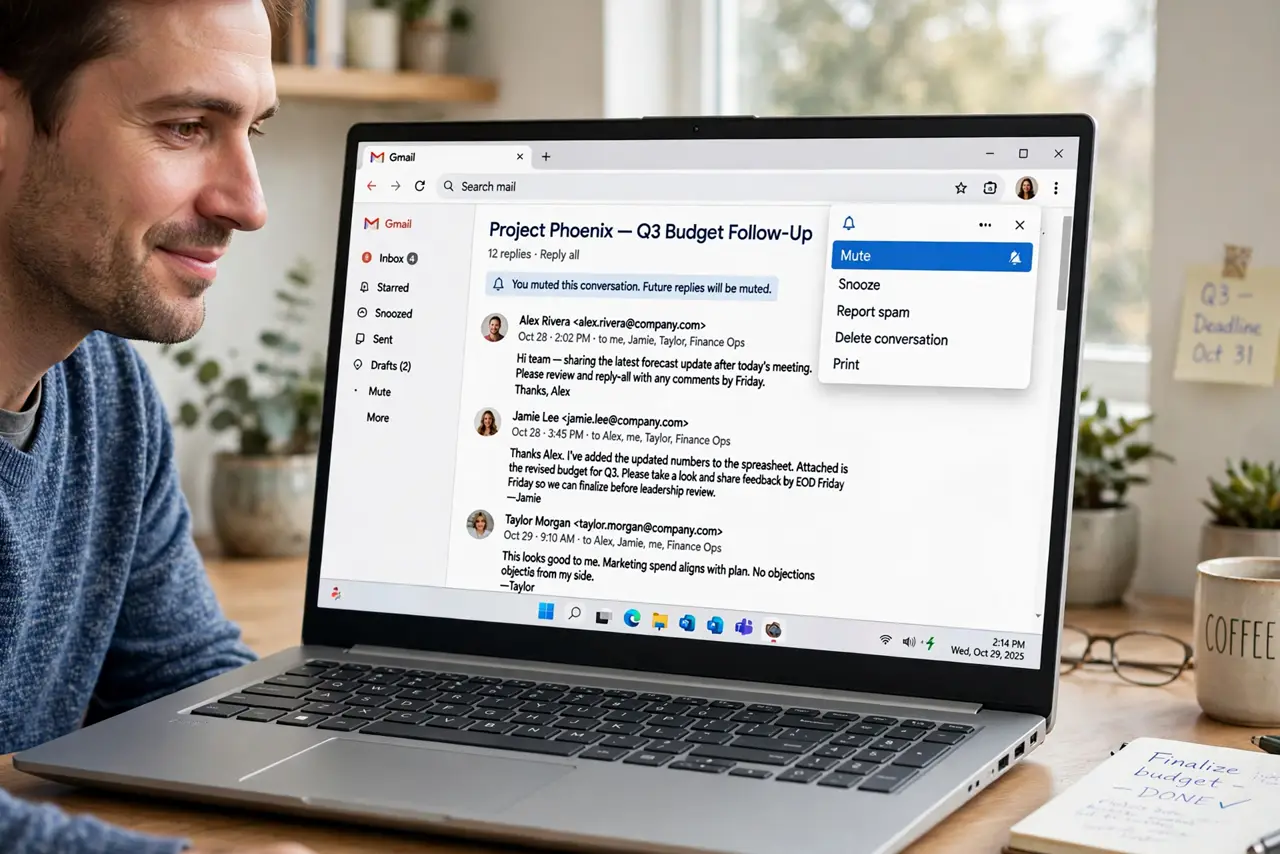 a person using a real laptop showing Gmail with a long reply-all thread open and the Mute option highlighted and legible, the person's face relieved, bright home office.