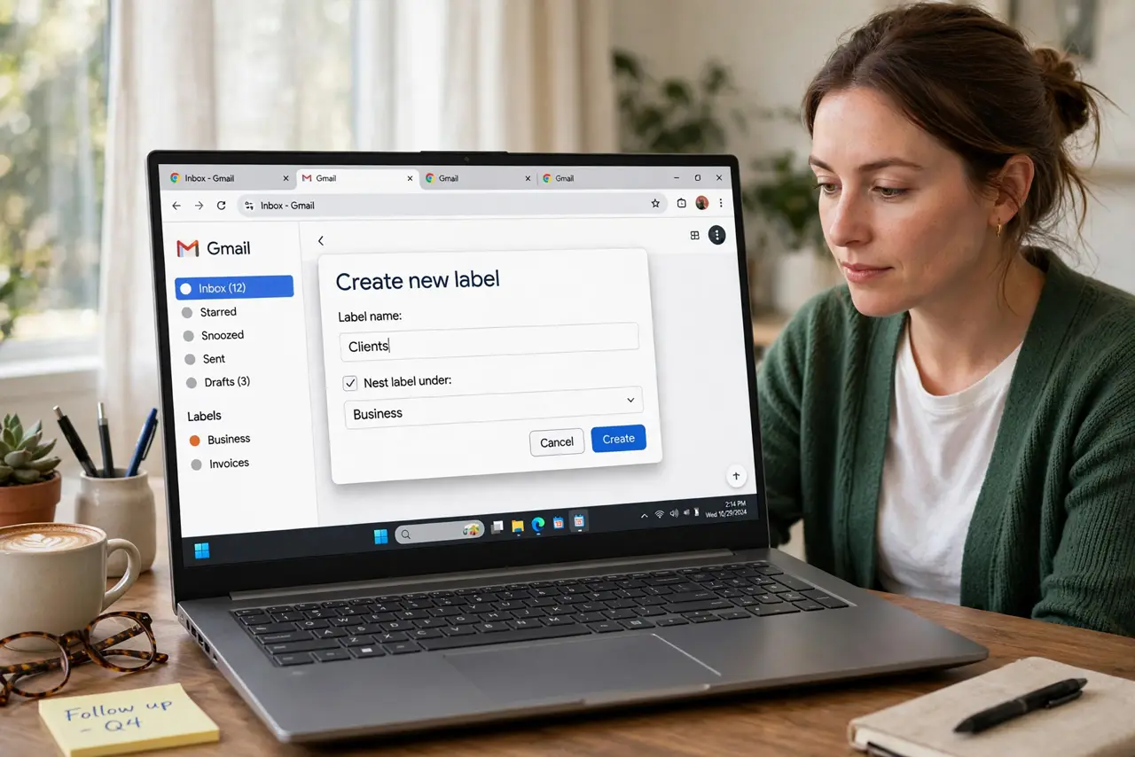 A person performing the first step: Create the parent label first. Create the broad label — Clients, Receipts, Travel — before the children. A parent with.
