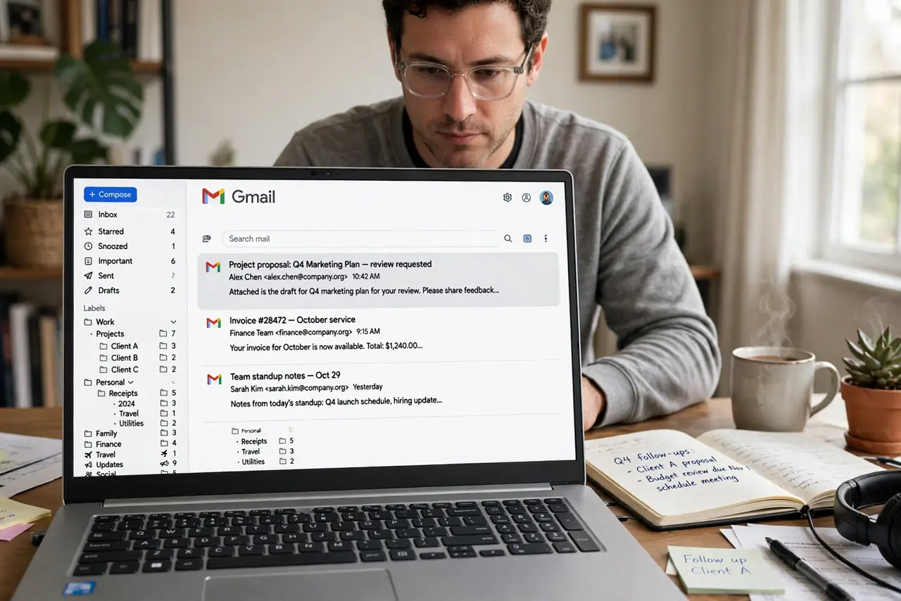 An adult using a real Windows laptop showing the Gmail sidebar with an expanded nested label tree fully legible, the person's face focused, home office.