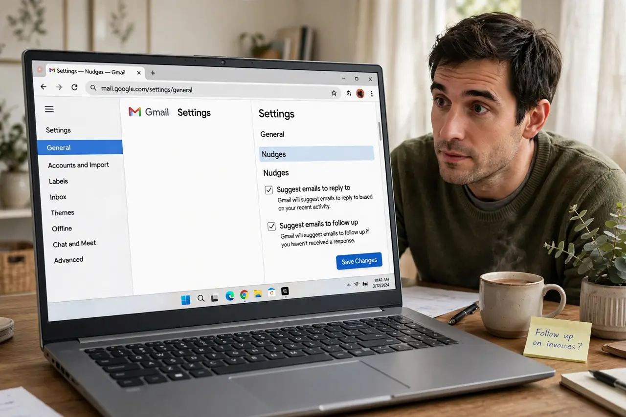 A person at a desk with a real laptop showing Gmail settings with the Nudges option highlighted and legible, the person's face curious, home office.
