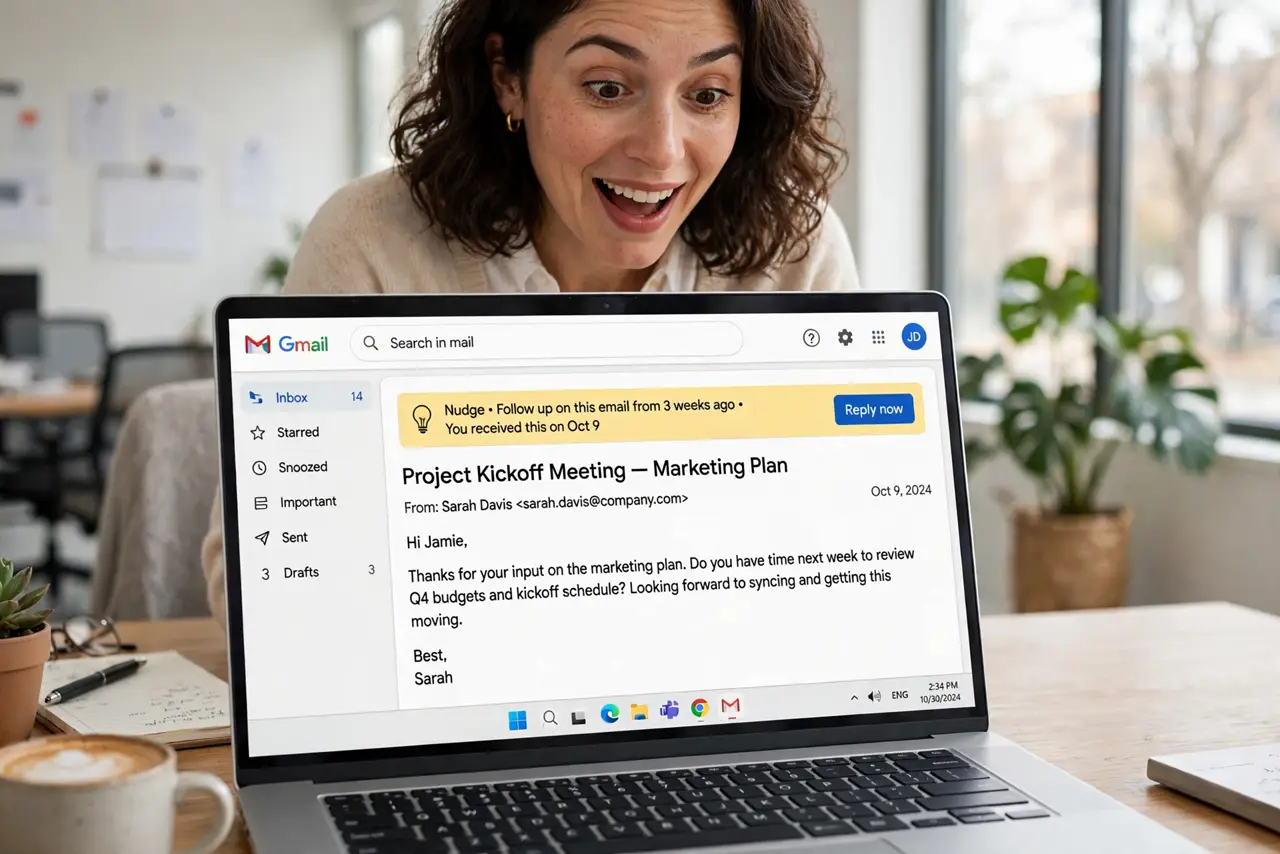 A person looking at a real laptop showing Gmail inbox with a legible nudge suggestion on an old email, the person's face pleasantly surprised, bright office.
