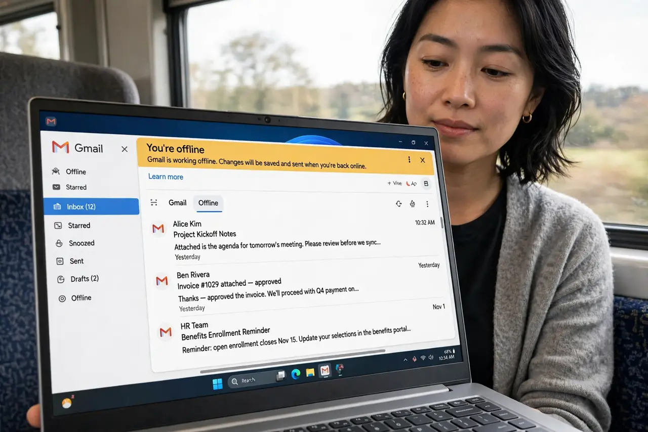 A person on a train holding a real laptop showing Gmail working offline with a no-connection banner and legible emails, the person's face calm.