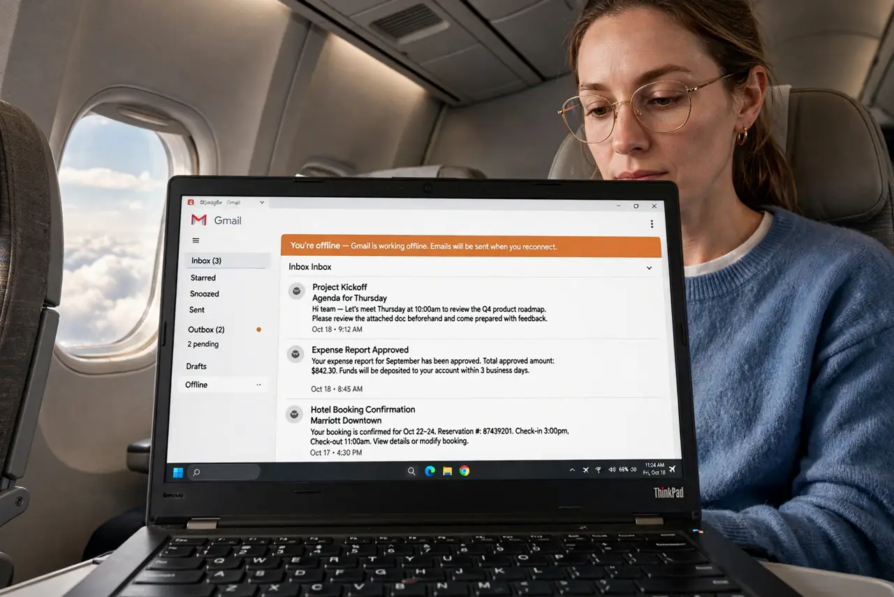 a person on an airplane seat using a real laptop showing Gmail working offline with legible emails, the airplane window visible, the person's face productive, daytime cabin.
