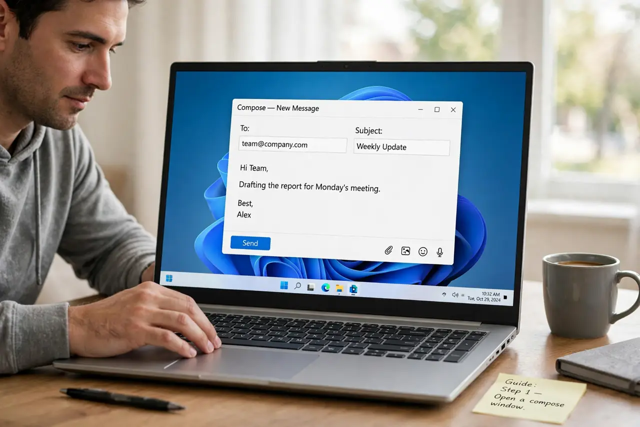 A person doing the guide's first step: Open a compose window.