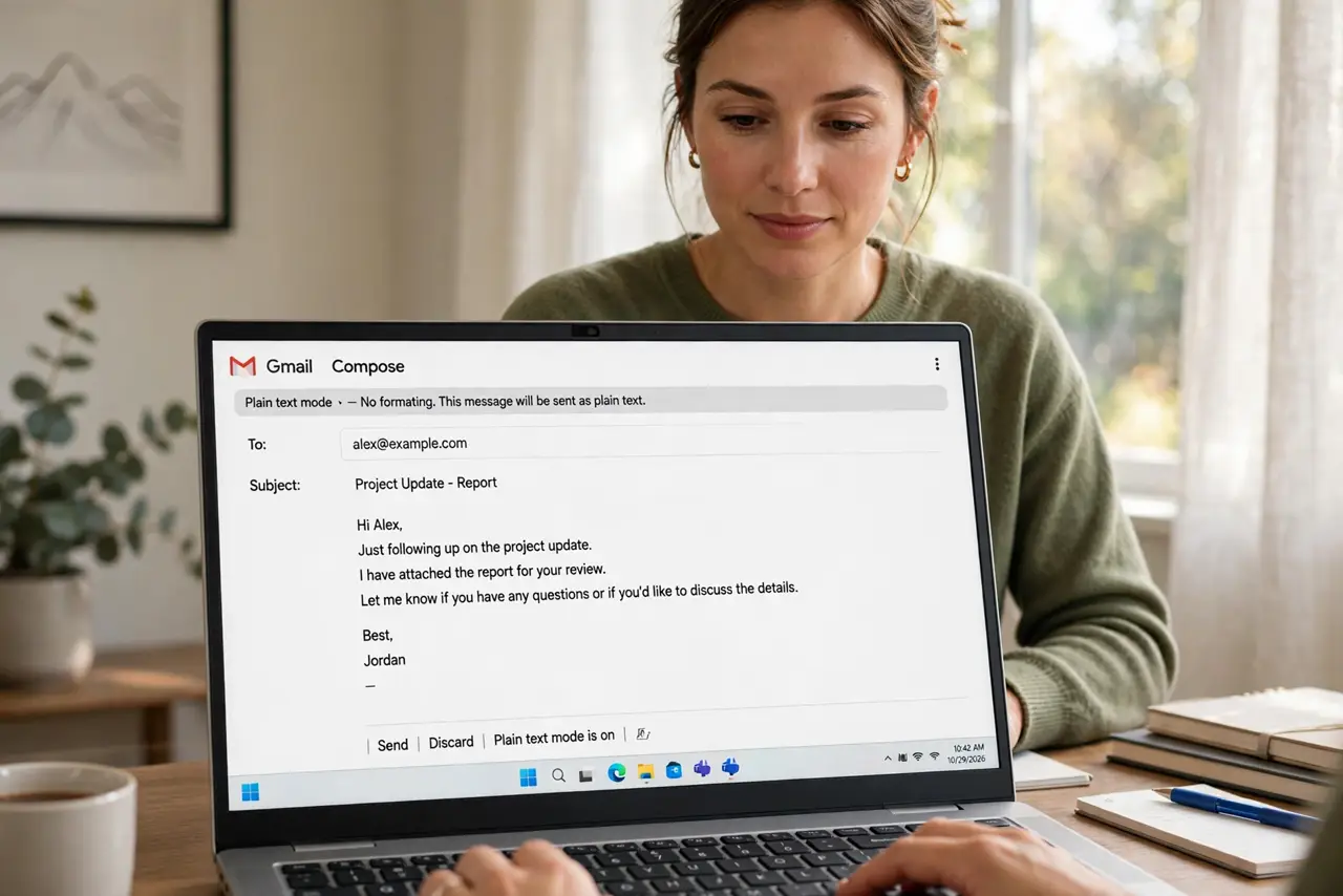A person composing a simple text email on a real laptop with Gmail's plain text mode active showing unformatted text, the person's face calm, home office.