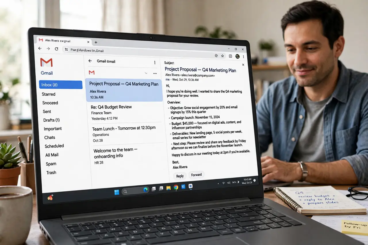 A person at a desk with a real laptop showing Gmail in vertical split preview pane mode with a message preview legible, the person's face comfortable.