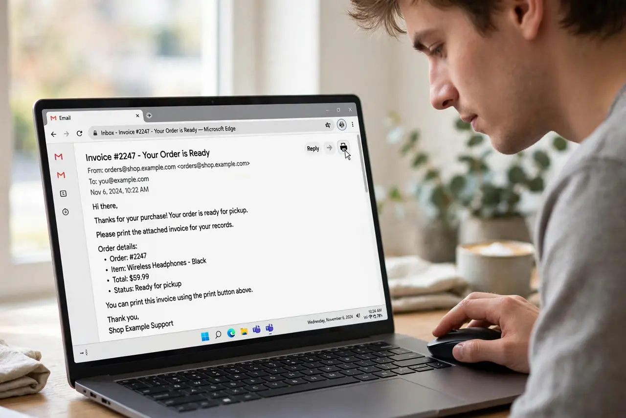 A person doing the guide's first step: Open the email and click the print icon.