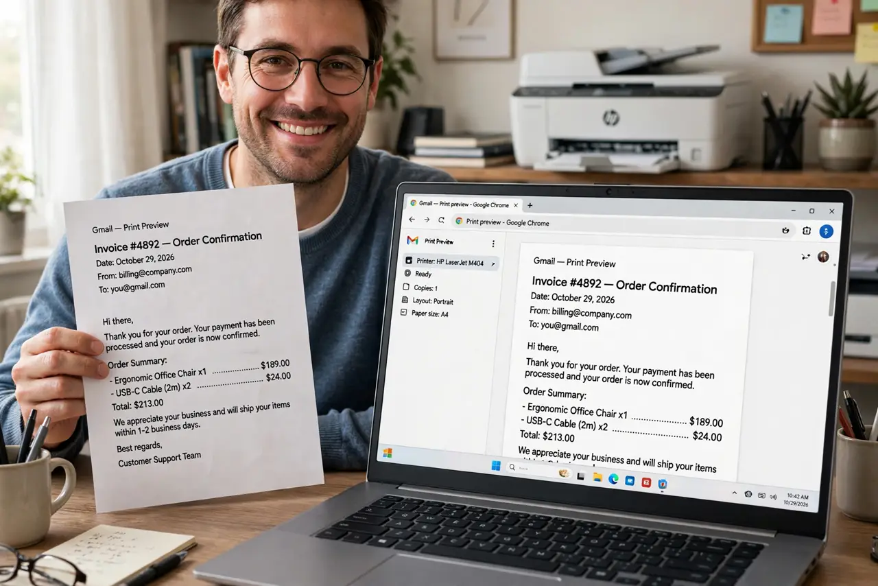 A person holding a freshly printed email page next to a real laptop showing Gmail's print preview, a printer visible in the background, the person's face satisfied, home office.
