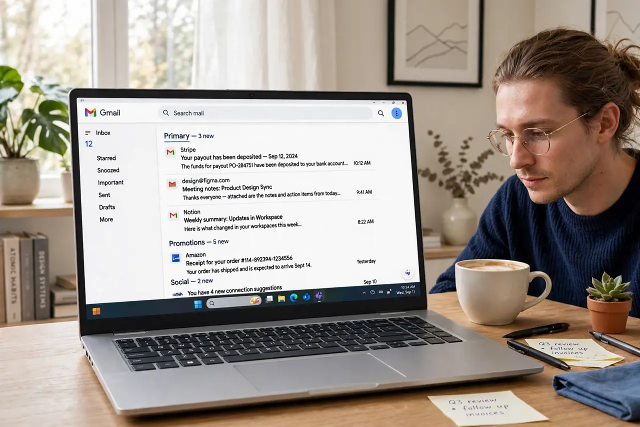 A person at a desk looking at a real laptop showing a Gmail inbox with a sectioned layout and legible subject lines, a coffee cup nearby, the person's face calm and focused, bright home office.