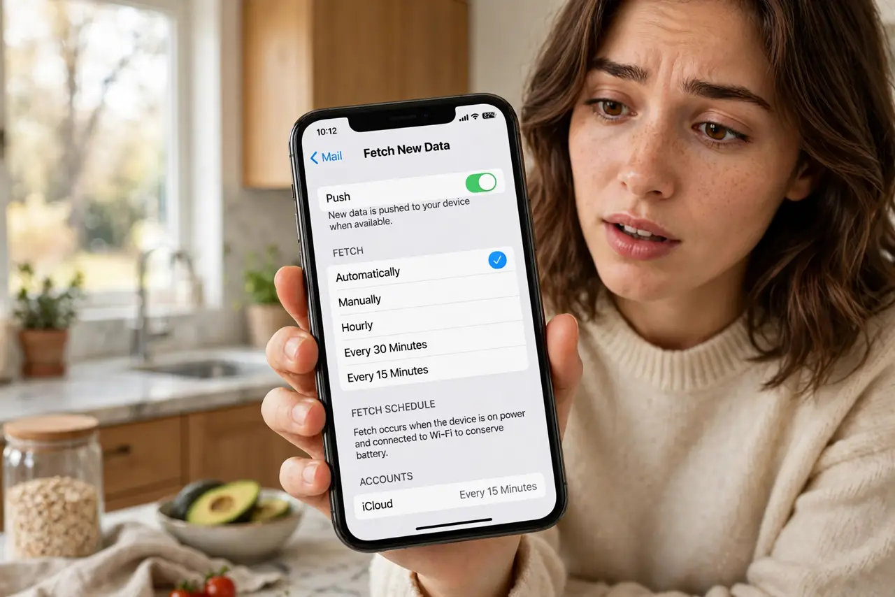 A person holding a real iPhone showing mail settings with a legible fetch schedule screen, the person's face curious, kitchen background.
