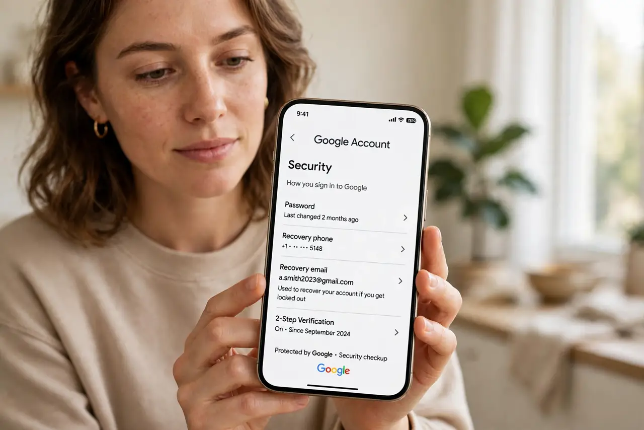 A person holding a real iPhone showing Google account security settings with a legible recovery email field, the person's face calm and attentive, home setting.