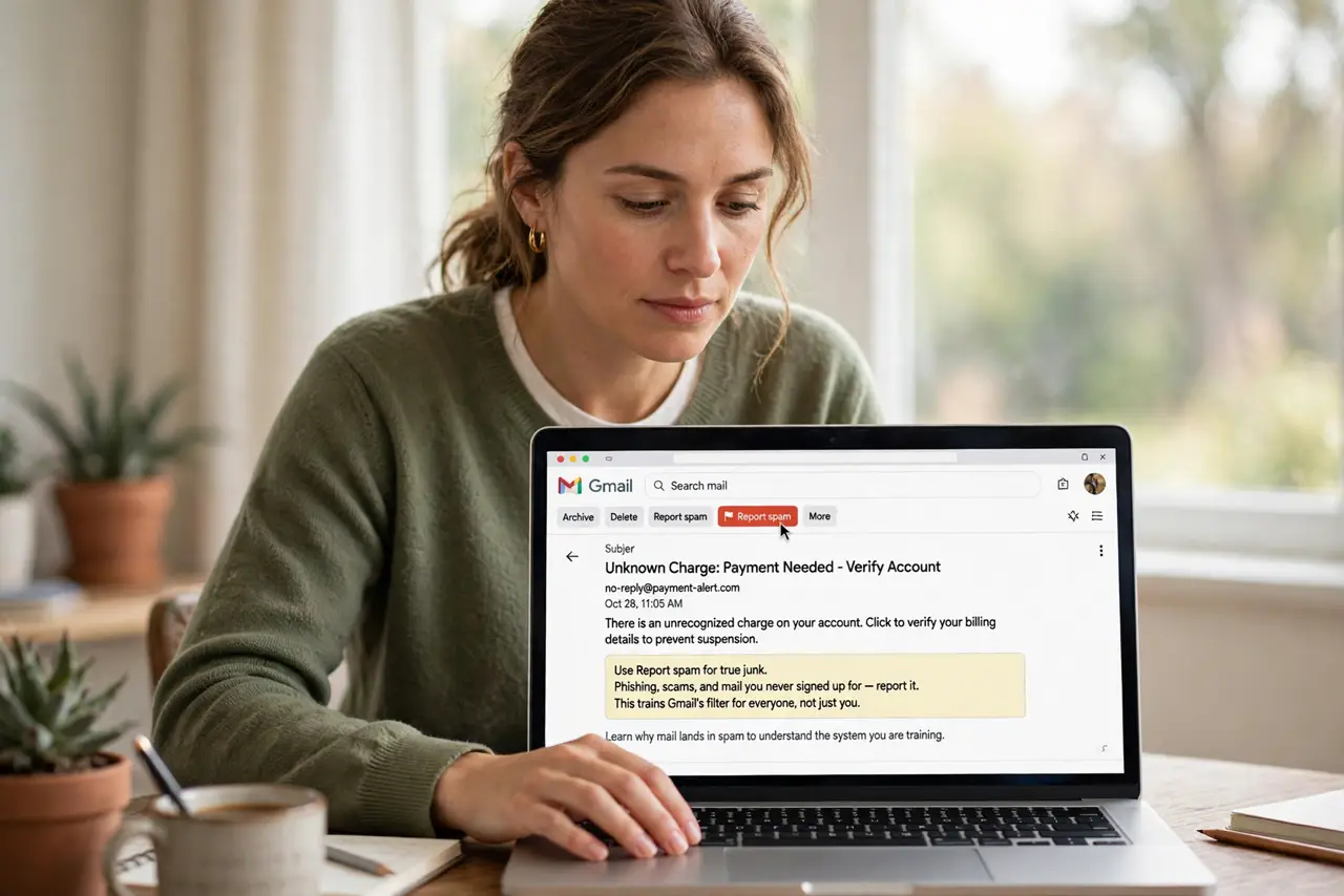 A person performing the first step of the guide: Use Report spam for true junk.