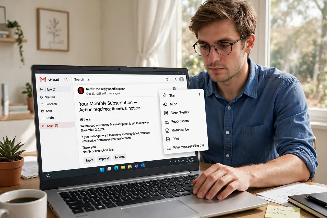 a person using a real laptop showing Gmail with an email open and the spam, block, and unsubscribe options visible and legible in the menu, the person's face decisive, bright home office.
