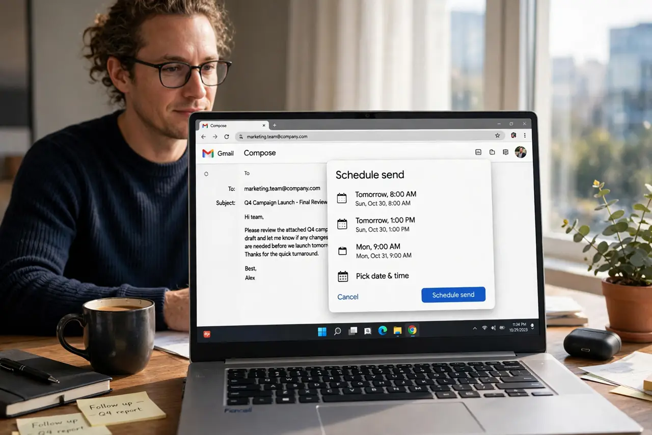 Schedule an Email to Send Later in Gmail — a calm adult at a desk late at night with a real laptop showing Gmail's schedule send picker with fully legibl