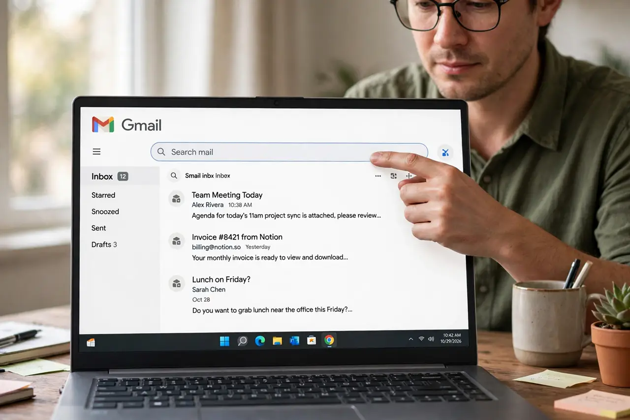 Step 1 in action for Find Big Attachments in Gmail Fast: Open Gmail search. Click the search bar at the top of Gmail.