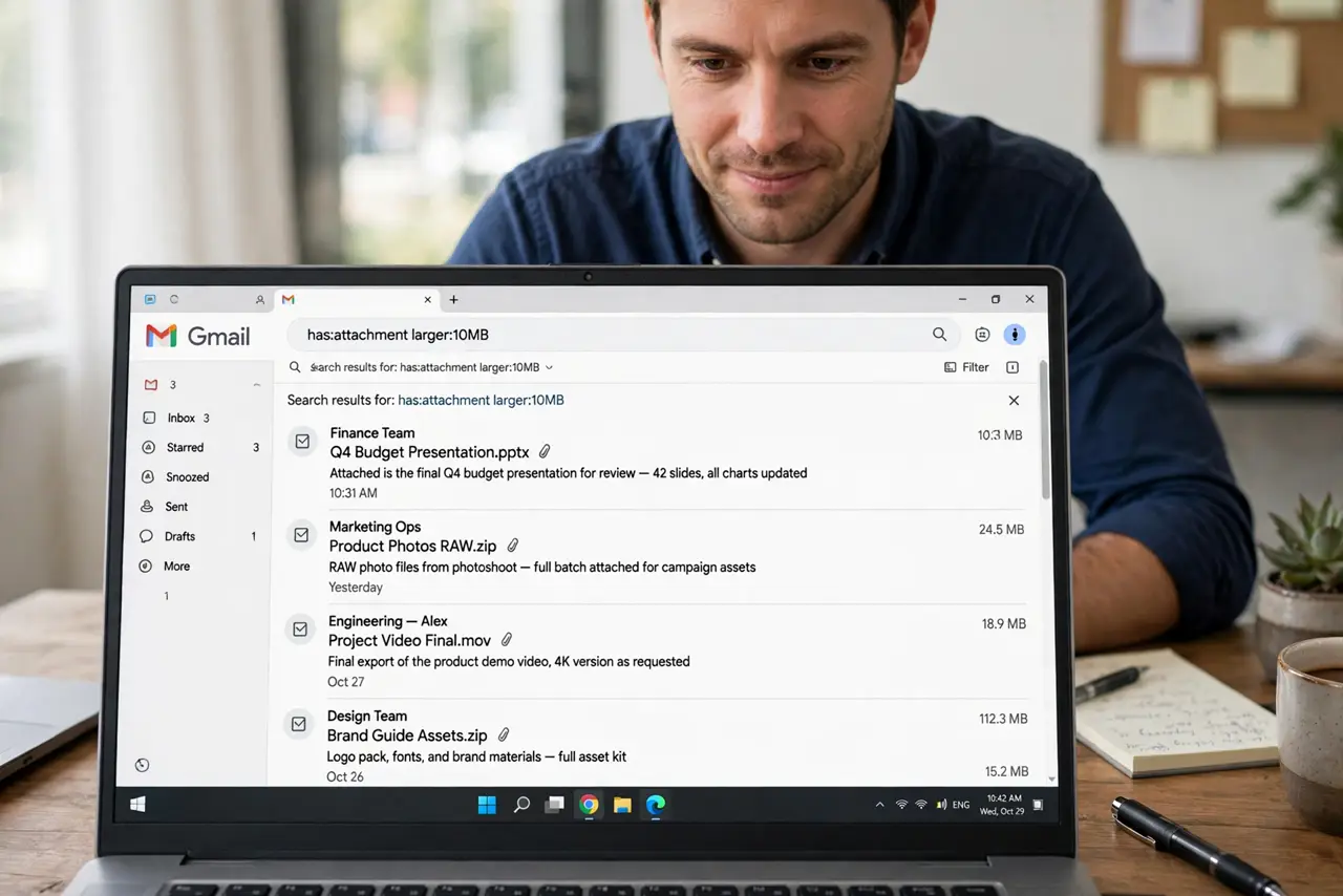 Find Big Attachments in Gmail Fast — a determined adult at a desk with a real laptop showing Gmail search results for large attachments with fully