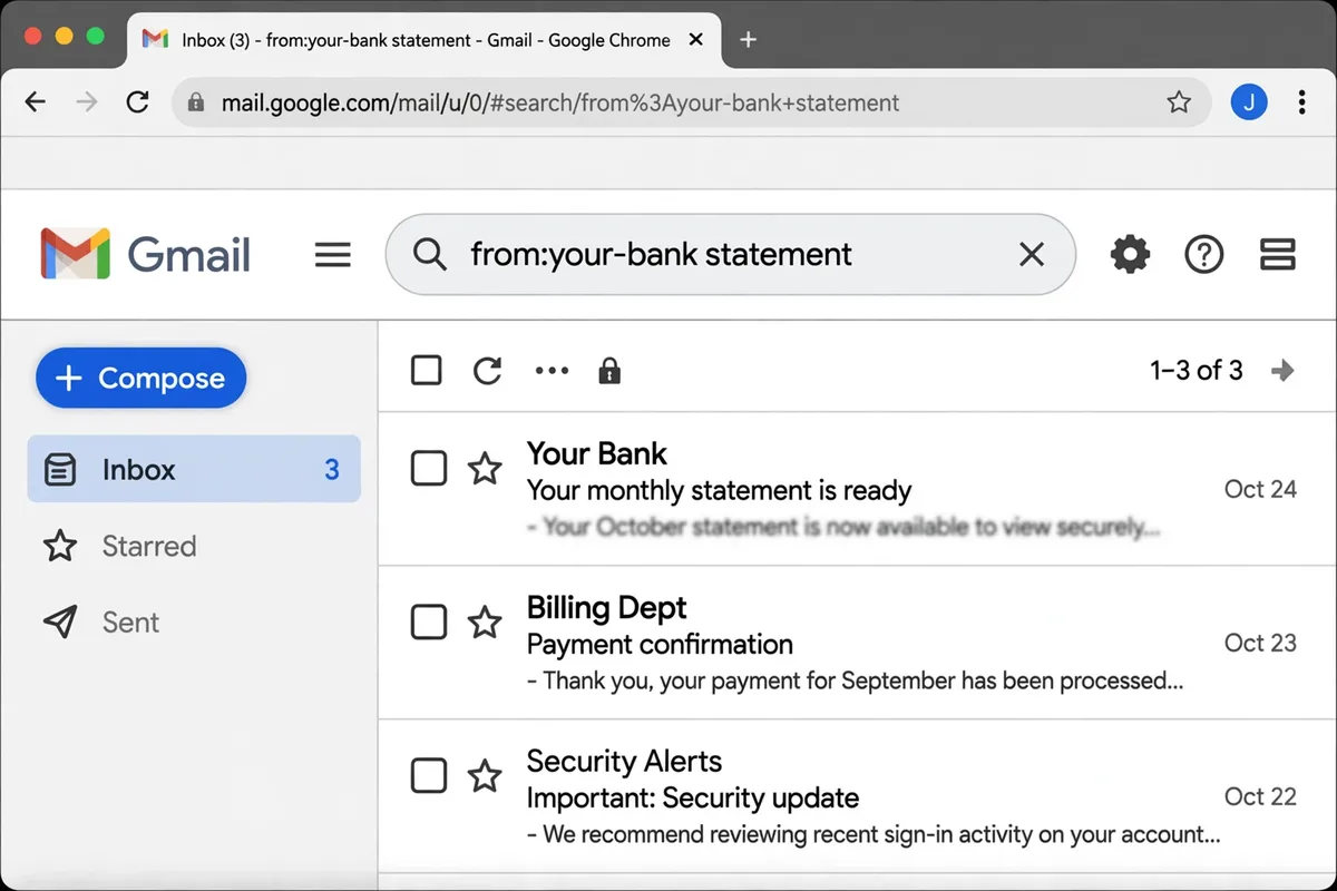 A Gmail search for from:your-bank statement narrowing the inbox to three matching messages.