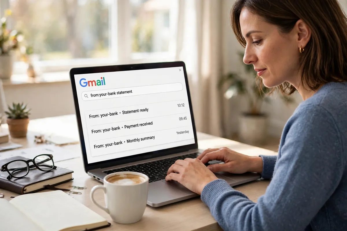 A woman at a bright desk typing on a laptop showing a Gmail search for from:your-bank statement, with a coffee, notebook and glasses beside her.