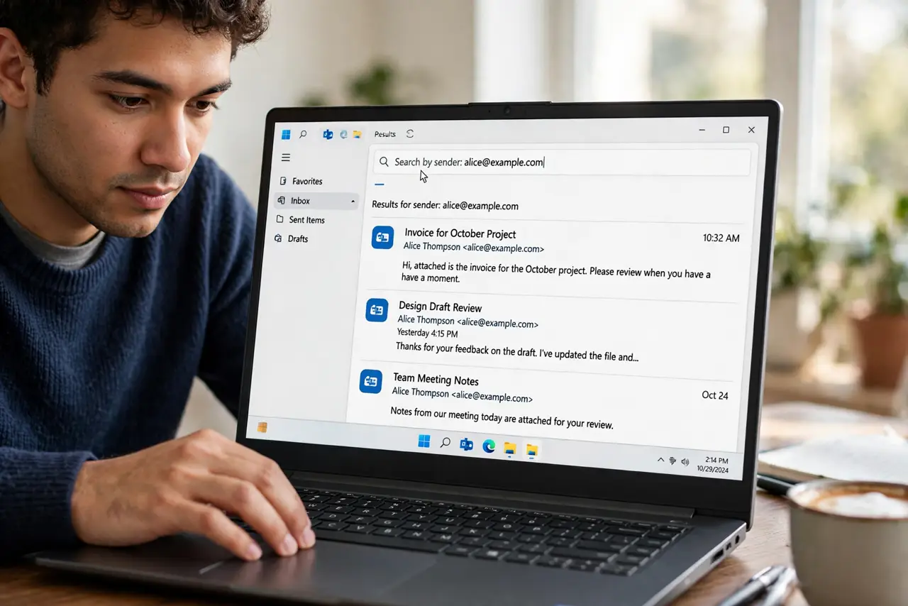 A person calmly performing the guide's first step: Search by sender.