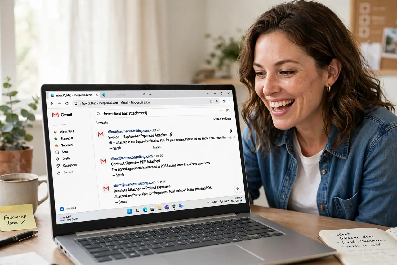 a person looking at a real laptop showing Gmail search with operators like from: and has:attachment typed in the search bar, results narrowed down, the person's face triumphant, br.