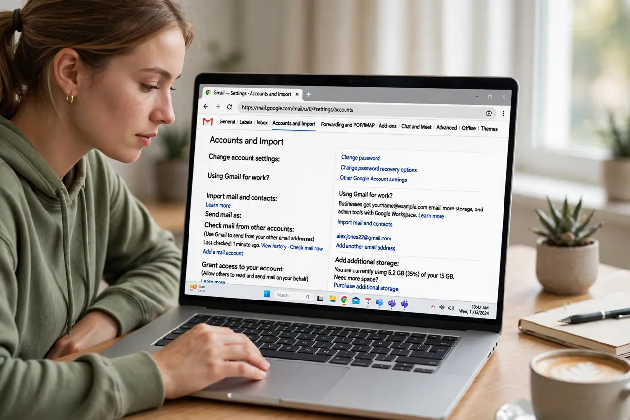 A person doing the guide's first step: Open Gmail settings, Accounts tab.
