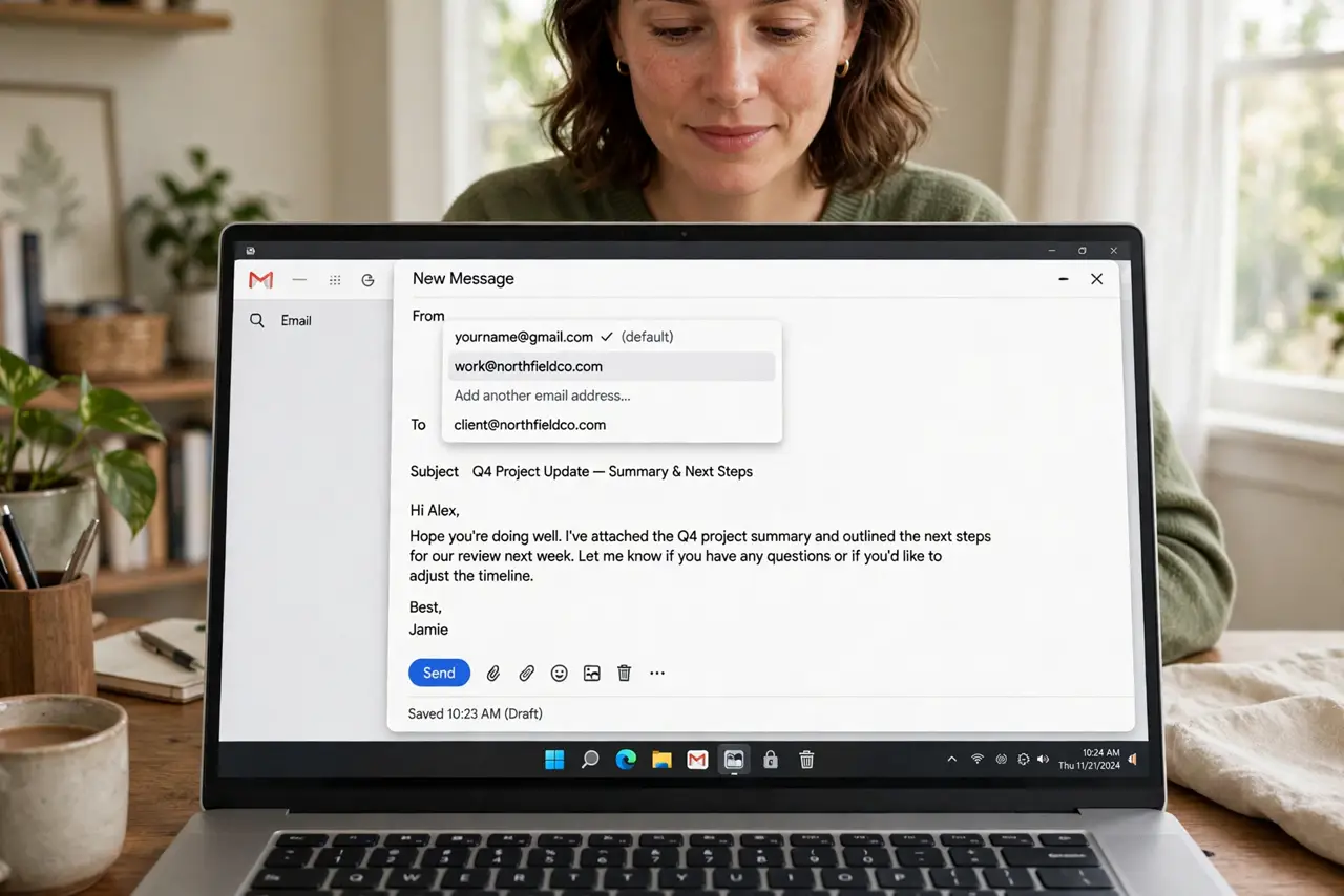 A person composing an email on a real laptop with the Gmail compose window open showing the From address dropdown, the person's face calm, home office.