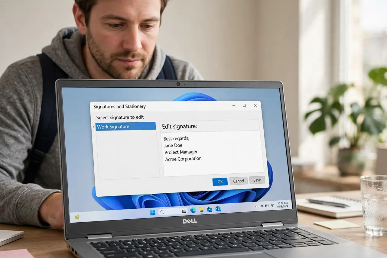 A person doing the guide's first step: Open the signature editor.