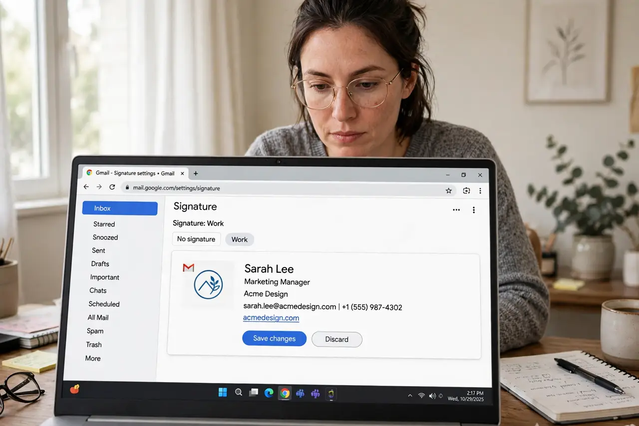 A person editing a Gmail signature on a real laptop with a small logo image visible in the signature editor box, the person's face focused, home office.