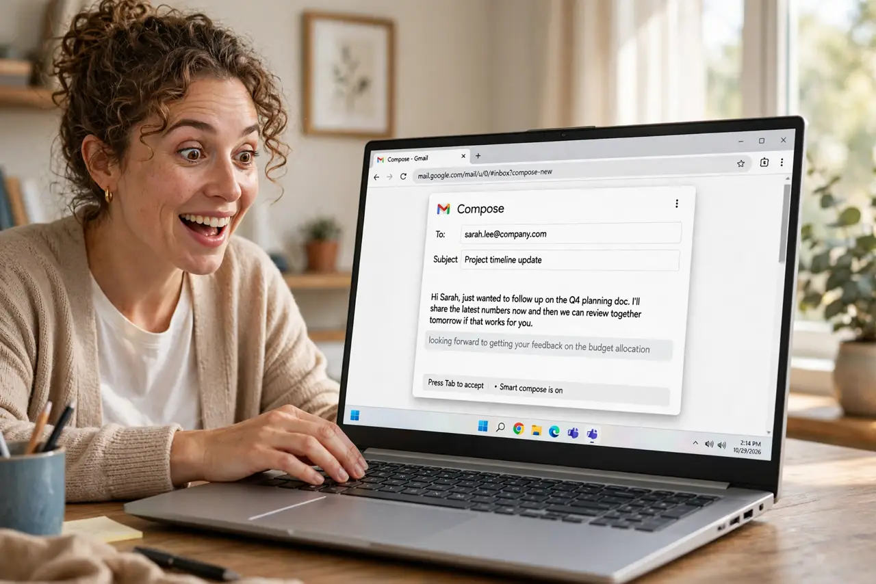 a person typing on a real laptop showing Gmail compose with a gray Smart Compose suggestion mid-sentence and the Tab hint visible, the person's face pleasantly surprised, bright ho.