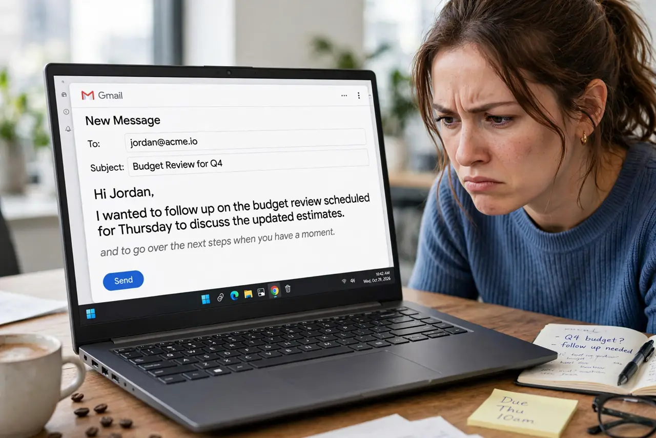 A person at a desk with a real laptop showing Gmail compose with a gray Smart Compose suggestion visible and legible, the person's face mildly annoyed.
