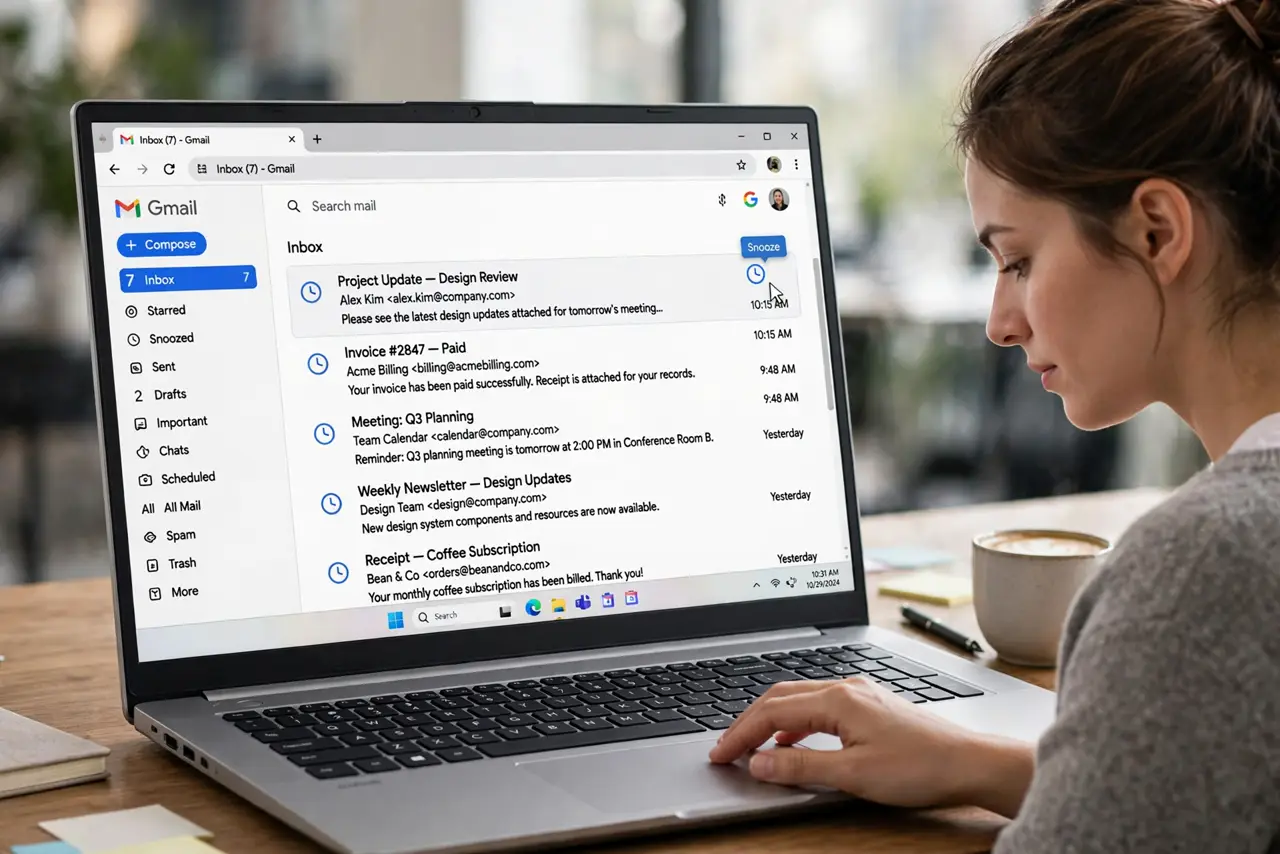 A person performing step 1: Snooze from the inbox list.