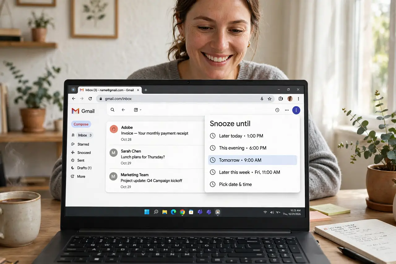A person at a desk with a real laptop showing the Gmail inbox with the snooze clock icon menu open and legible, the person's face pleased, home office.