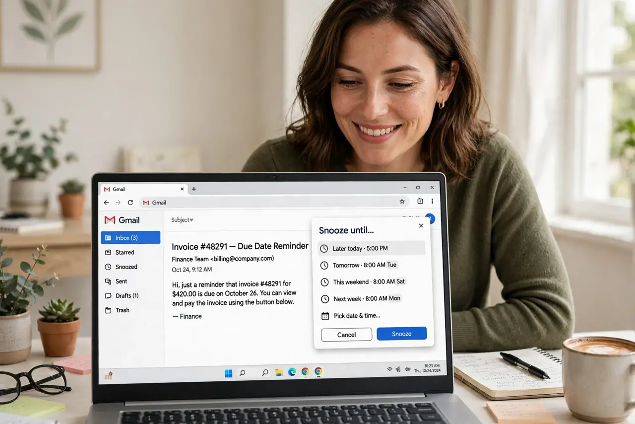a person looking at a real laptop showing Gmail with the snooze menu open offering later today, tomorrow, and pick date options, the person's face relieved, bright home office. No .