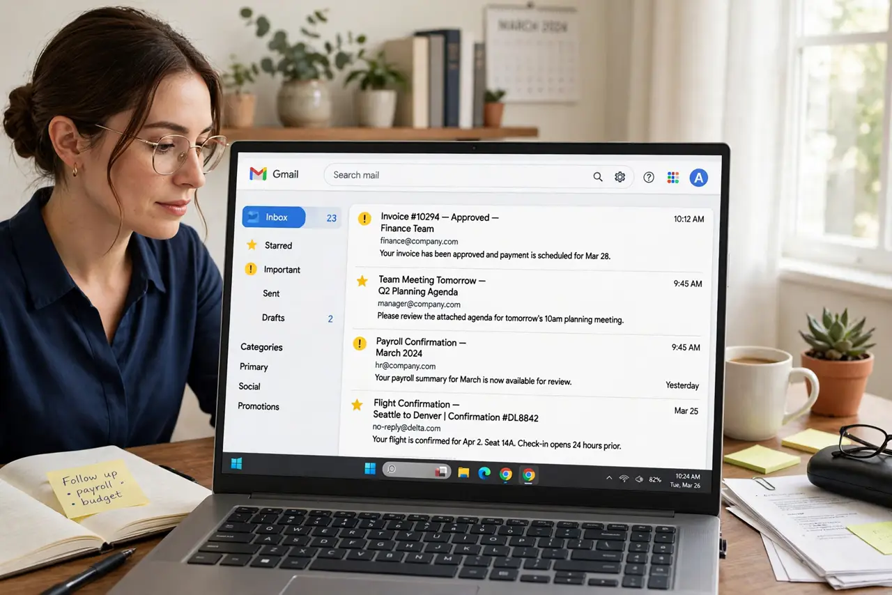 A person at a desk with a real laptop showing a Gmail inbox with starred and important-marked emails legible, the person's face organized, home office.
