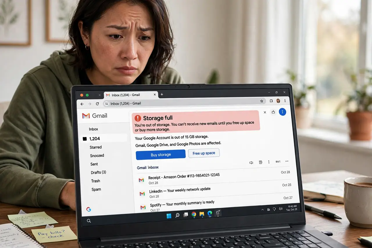 Gmail Full — a worried adult at a desk with a real laptop showing Gmail's storage-full warning with fully legible text, the