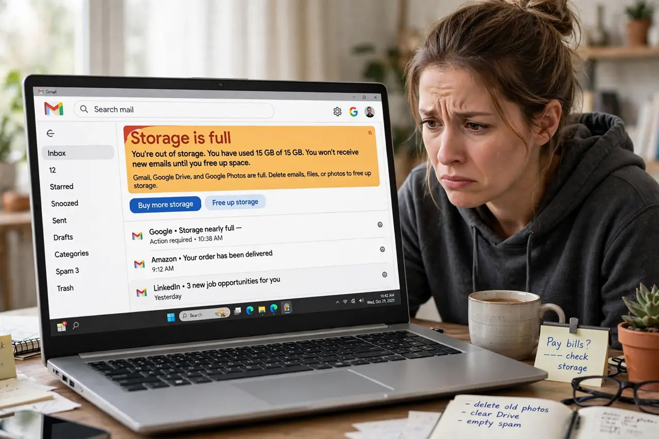 A person looking worried at a real laptop showing a Gmail storage-full warning banner with legible text, the person's face frustrated, home desk.