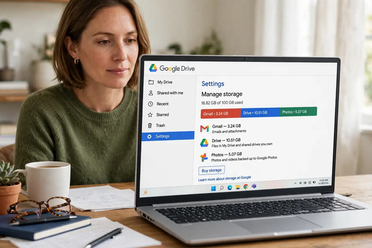 A person performing the first step: See the breakdown. Open one.google.com/storage — or Drive > Settings > Manage storage. The bar shows exactly how much.