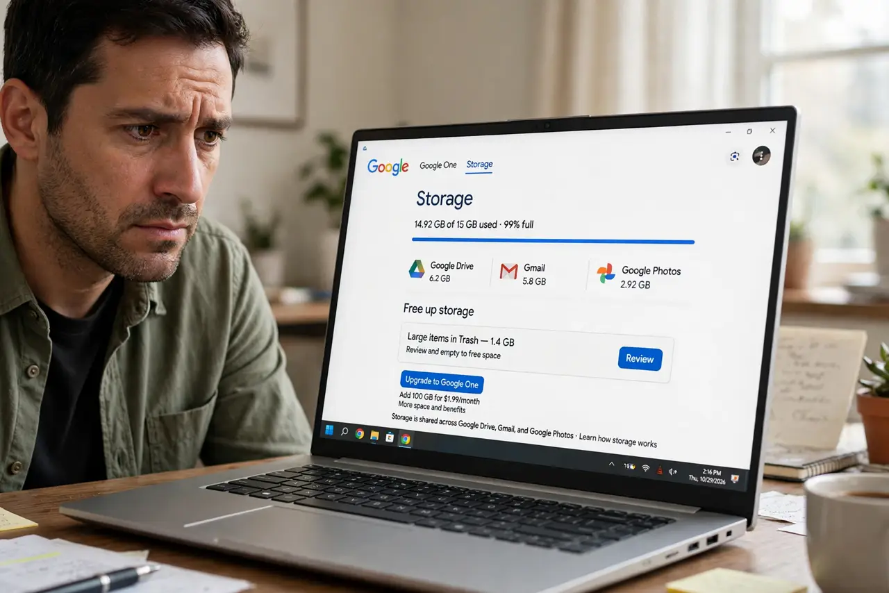 A concerned adult looking at a real Windows laptop showing the Google storage manager page with the usage bar fully legible, the person's face worried but determined, home office.