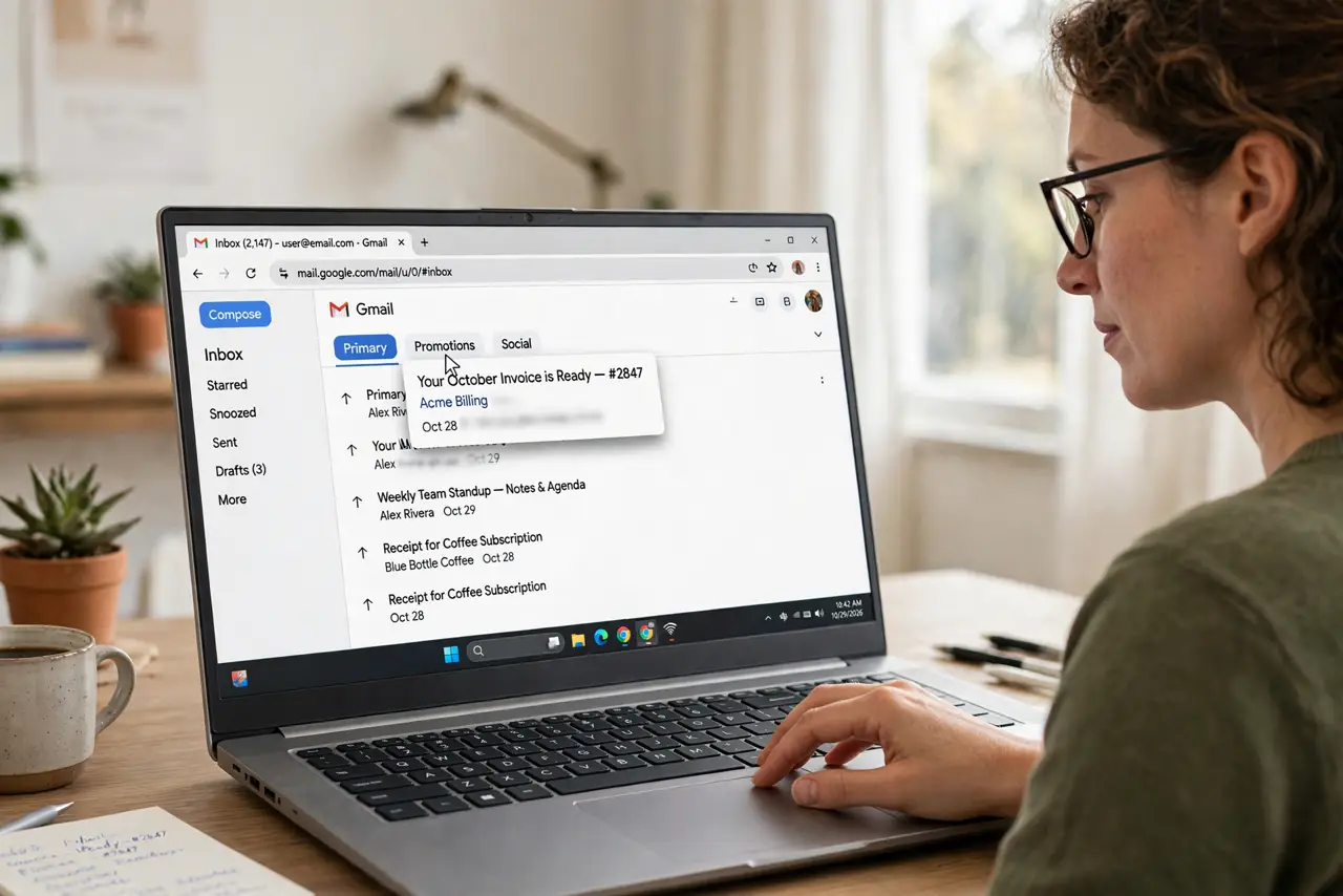 a person using a real laptop showing Gmail with an email being dragged from the Primary tab to the Promotions tab, the tabs clearly legible, the person's face focused, bright home office.