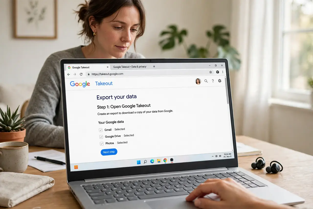 A person doing the guide's first step: Open Google Takeout.