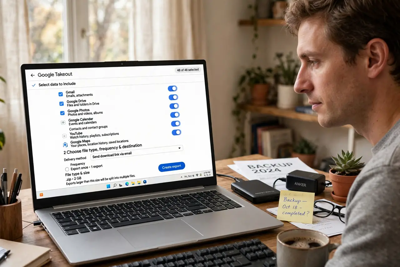 A person at a desk looking at a real laptop showing the Google Takeout export page with a legible service list, an external drive nearby, the person's face calm and focused, home office.