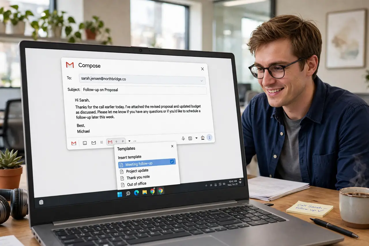 A person at a desk looking at a real laptop showing Gmail compose with a template insertion menu legible, the person's face relieved, bright office.