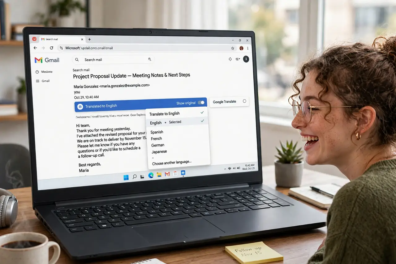 A person at a desk with a real laptop showing a Gmail email translated inline with the translate menu open and legible, the person's face delighted.