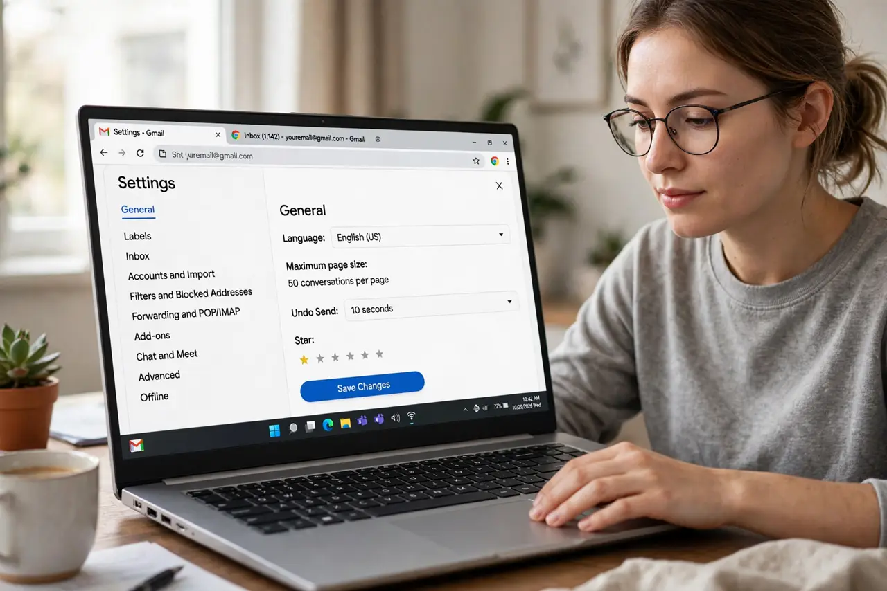 A person calmly performing the guide's first step: Open Gmail settings.