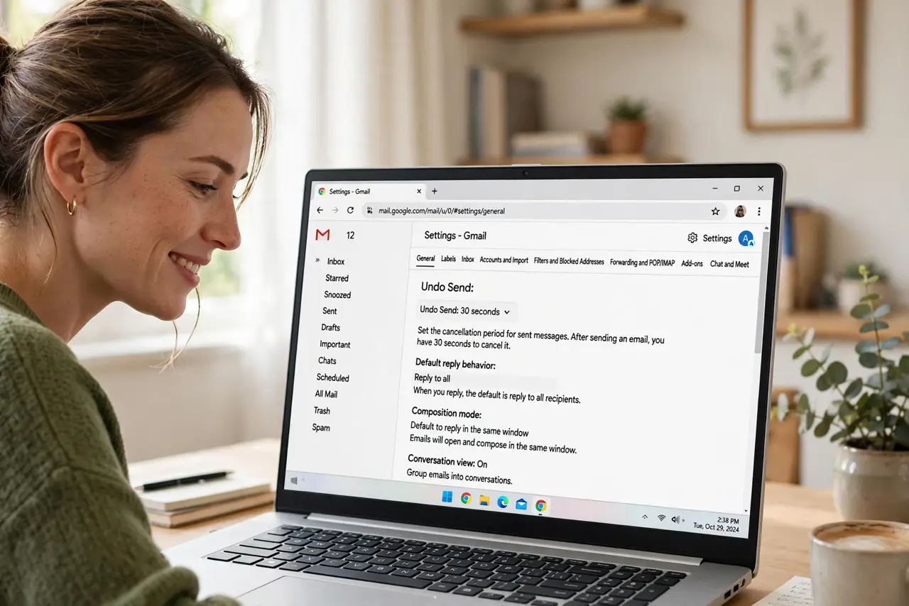 a person looking at a real laptop showing Gmail with the Undo Send cancellation window stretched to 30 seconds in settings, the person's face relieved, bright home office. No black.
