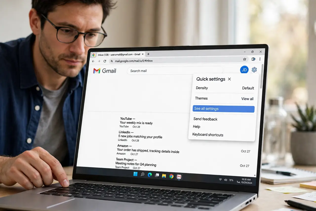 Step 1 in action for Give Yourself More Undo Time in Gmail: Open Gmail settings. Click the gear icon in Gmail and choose 'See all settings'.